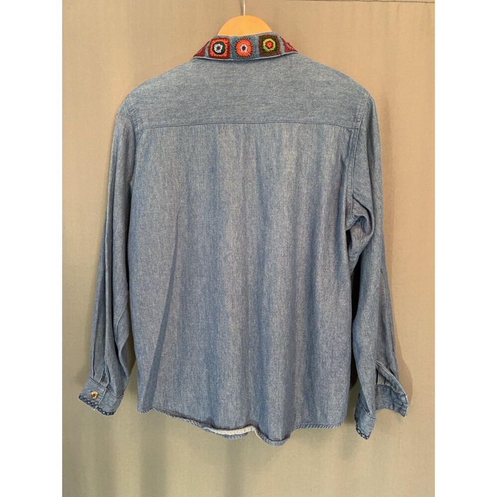 Vtg Koret Crochet Granny Square Blue Denim Button Up Shirt Size PS Boho Cottage - Picture 7 of 15